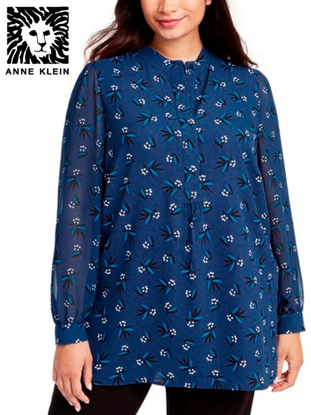 ANNE KLEIN ~ Plus Size 2X Band Collar Tunic ~ Teal/Floral ~ EUC